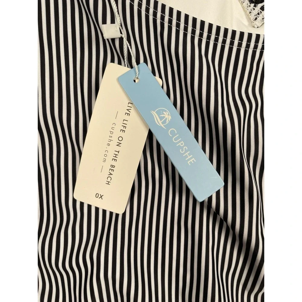 Cupshe Wish You Well One Piece Swimsuit 0X Black White Striped Lace Plunge NWT